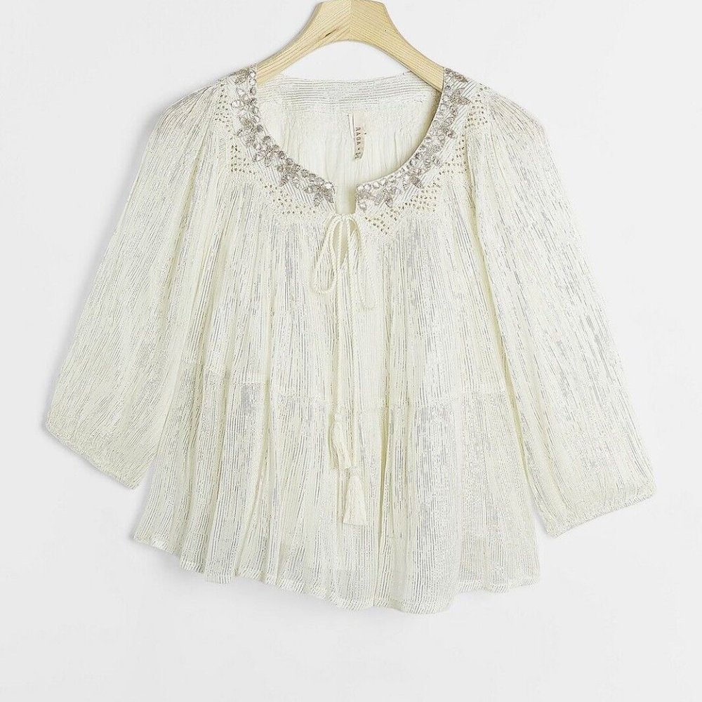 NWT RAGA for Anthropologie Madi Shimmer Tie-Neck Swing Top Size S